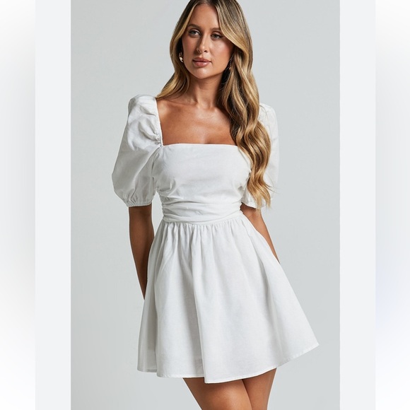 🆕 Showpo | Claudina Linen Blend Mini Puffed Sleeve White Dress Sz 12 NWT - Picture 1 of 5